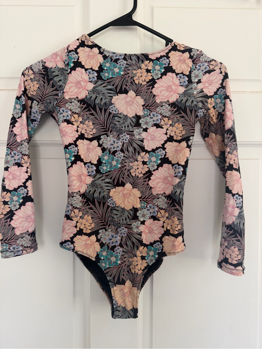 Floral Long Sleeve Bodysuit - Pink & Teal on Black